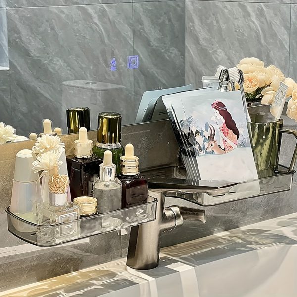 No-Drill Suction Cup Wall-Mounted Bathroom Shelf Organizer - Multi-Compartment Chrome Plastic Sink Countertop Storage for Toiletries, Toothbrushes & Bottles, Space-Saving Modern Design for Bathroom Vanity & Makeup Station, Bathroom Organizer, Shelves - Image 9