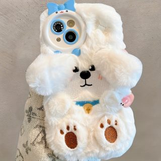 3D Plush Embroidered White Puppy Phone Case, Suitable for Apple 16/15 Pro Max/15 Pro/15/15Plus/14 Pro Max/14 Pro/14Plus/14/13 Pro Max/13 Pro/13 /12 Pro Max/12 Pro/12/11Pro Max/11 Plush Phone Case