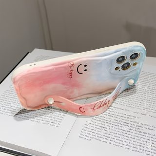 Blue Pink joyful Face White Cream Shell, Wrist Strap Holder Phone Case Simple Design, Shockproof Protection Perfect Choice for Spring and Summer Suitable for 16/16 Plus/16 Pro/16 Pro Max/15/15 Plus/15 Pro/15 Pro Max/14/14 Plus/14 Pro/14 Pro Max, 13/13 Pro/13 Pro Max, 12/12 Pro/12 Pro Max, 11/11 Pro Max