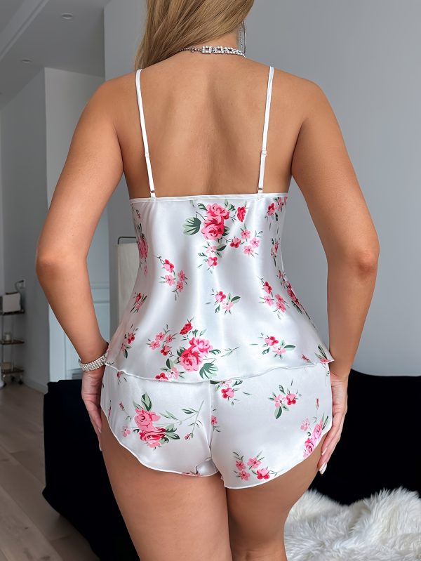 Lace Trim V-Neck Cami Shorts Pajama Set 2pcs, Perfect for Adult, All-Season, Sexy Style, with Print Pattern, with Lace Trim Detail, for Bedroom - Image 3
