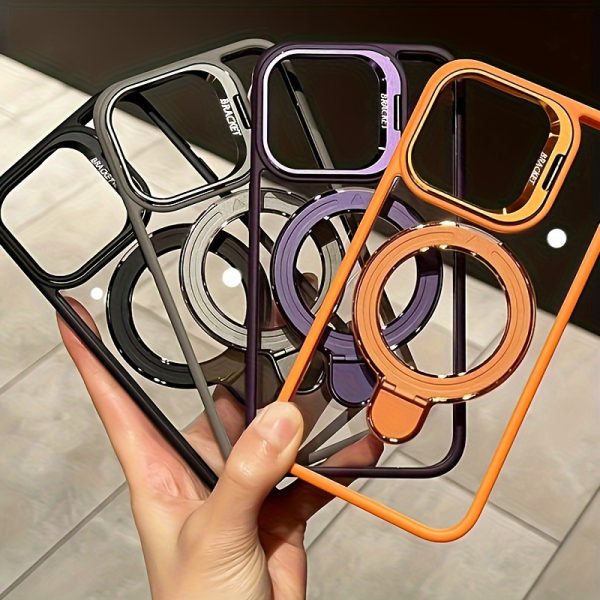 Metal Lens Dual Stand Transparent Magnetic Mobile Phone Case for iPhone 16 15 14 13 12 11 Pro Max Plus with Lens Protection Film - Image 5
