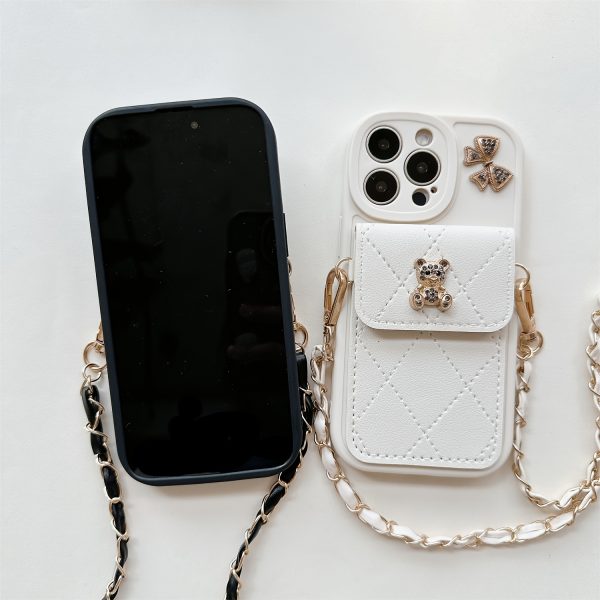 3D Cartoon Bear with Bowknot Mobile Phone Case, with Lanyard, Suitable for iPhone 16/15Promax/15/16plus/14 with Lanyard, Can be Carried Diagonally, 12/13promax Full Cover Soft Case 11 Protective Case Coin Wallet - Image 4