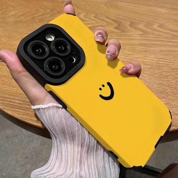 Simple joyful face design on a yellow background. Suitable for iPhone 16, 16 Plus, 16 Pro, 16 Pro Max, 15, 15 Plus, 15 Pro, 15 Pro Max, 14, 14 Plus, 14 Pro, 14 Pro Max, 13, 13 Pro, 13 Pro Max, 12, 12 Pro, 12 Pro Max, 11, 11 Pro, 11 Pro Max, 7, 8, X, XS synthetic Faux Leather phone case—stain-resistant, stylish, and trendy