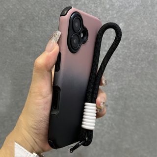Adorable Gradient Color Anti-Fall Phone Case with Short Lanyard for iPhone 16 15 14 13 12 11 Pro Max Plus - Light Beige-Feeling Lens Protection and Soft Silicone Cover