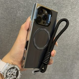 Luxury Straight Edge Square Magnetic Wireless Charging Phone Case Compatible with iPhone 16 15 14 13 Pro Max Lens Protection Back Cover with Lanyard
