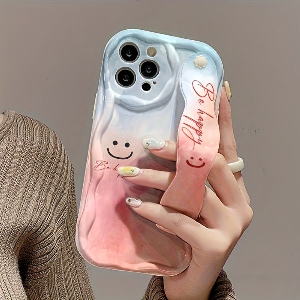Blue Pink joyful Face White Cream Shell, Wrist Strap Holder Phone Case Simple Design, Shockproof Protection Perfect Choice for Spring and Summer Suitable for 16/16 Plus/16 Pro/16 Pro Max/15/15 Plus/15 Pro/15 Pro Max/14/14 Plus/14 Pro/14 Pro Max, 13/13 Pro/13 Pro Max, 12/12 Pro/12 Pro Max, 11/11 Pro Max - Image 6