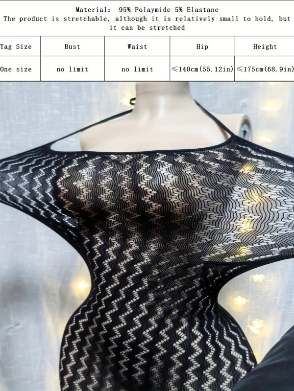 1pc Sexy Plus Size Backless Bodycon Dress - High Elasticity Fishnet Cover Up with Striped Pattern & Cut-Out Details, Form-Fitting Beachwear for Music Festivals, Vacations, Summer Swimwear (See-Through Black), Festival Attire, Seethrough Material - Image 2