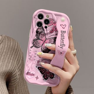 One Cream Strap Pink Butterfly Print Phone Case for Apple Series 111213141516promax Series A05/A15/A25/A35/A55/S23/S24Ultra