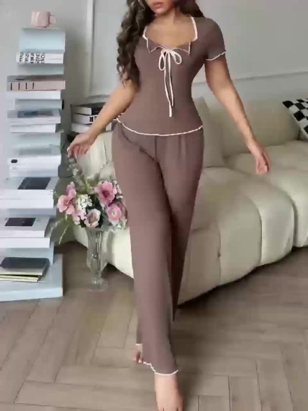 Women'S All-Season Solid Color Pajama Set - Comfortable, Stylish Two-Piece with Short Sleeves and Long Pants, Perfect for Home Wear, Casual Attire, and Spring/Summer/Fall, Casual Attire|Stylish Pajamas|Polyester Fabric - Image 7