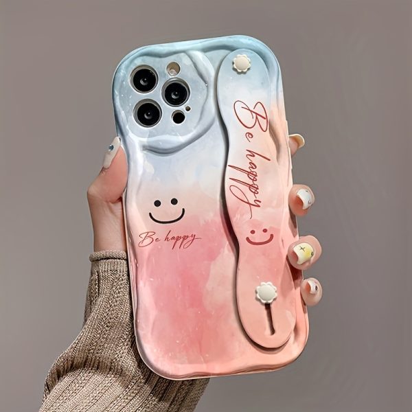 Blue Pink joyful Face White Cream Shell, Wrist Strap Holder Phone Case Simple Design, Shockproof Protection Perfect Choice for Spring and Summer Suitable for 16/16 Plus/16 Pro/16 Pro Max/15/15 Plus/15 Pro/15 Pro Max/14/14 Plus/14 Pro/14 Pro Max, 13/13 Pro/13 Pro Max, 12/12 Pro/12 Pro Max, 11/11 Pro Max - Image 2
