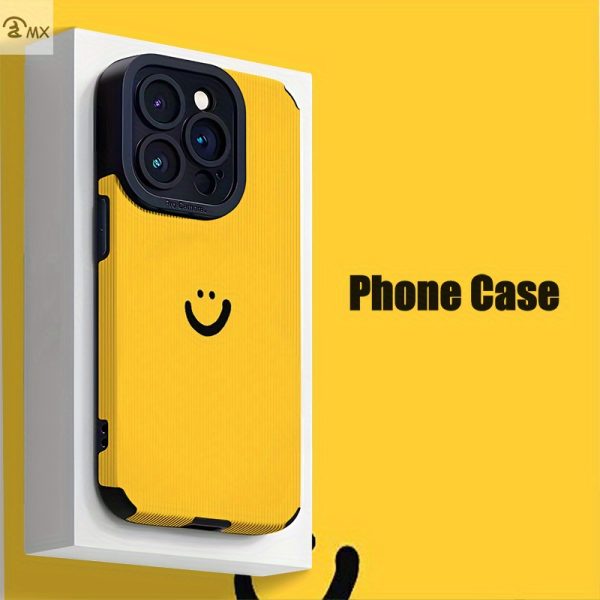 Simple joyful face design on a yellow background. Suitable for iPhone 16, 16 Plus, 16 Pro, 16 Pro Max, 15, 15 Plus, 15 Pro, 15 Pro Max, 14, 14 Plus, 14 Pro, 14 Pro Max, 13, 13 Pro, 13 Pro Max, 12, 12 Pro, 12 Pro Max, 11, 11 Pro, 11 Pro Max, 7, 8, X, XS synthetic Faux Leather phone case—stain-resistant, stylish, and trendy - Image 2
