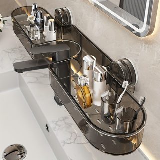 No-Drill Suction Cup Wall-Mounted Bathroom Shelf Organizer - Multi-Compartment Chrome Plastic Sink Countertop Storage for Toiletries, Toothbrushes & Bottles, Space-Saving Modern Design for Bathroom Vanity & Makeup Station, Bathroom Organizer, Shelves