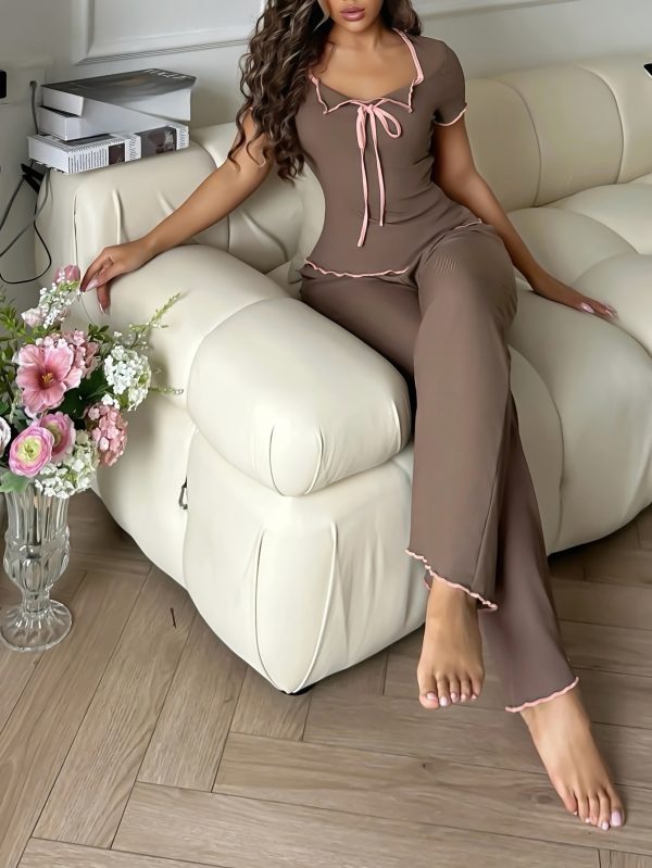 Women'S All-Season Solid Color Pajama Set - Comfortable, Stylish Two-Piece with Short Sleeves and Long Pants, Perfect for Home Wear, Casual Attire, and Spring/Summer/Fall, Casual Attire|Stylish Pajamas|Polyester Fabric - Image 3
