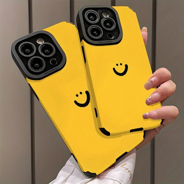 Simple joyful face design on a yellow background. Suitable for iPhone 16, 16 Plus, 16 Pro, 16 Pro Max, 15, 15 Plus, 15 Pro, 15 Pro Max, 14, 14 Plus, 14 Pro, 14 Pro Max, 13, 13 Pro, 13 Pro Max, 12, 12 Pro, 12 Pro Max, 11, 11 Pro, 11 Pro Max, 7, 8, X, XS synthetic Faux Leather phone case—stain-resistant, stylish, and trendy - Image 6