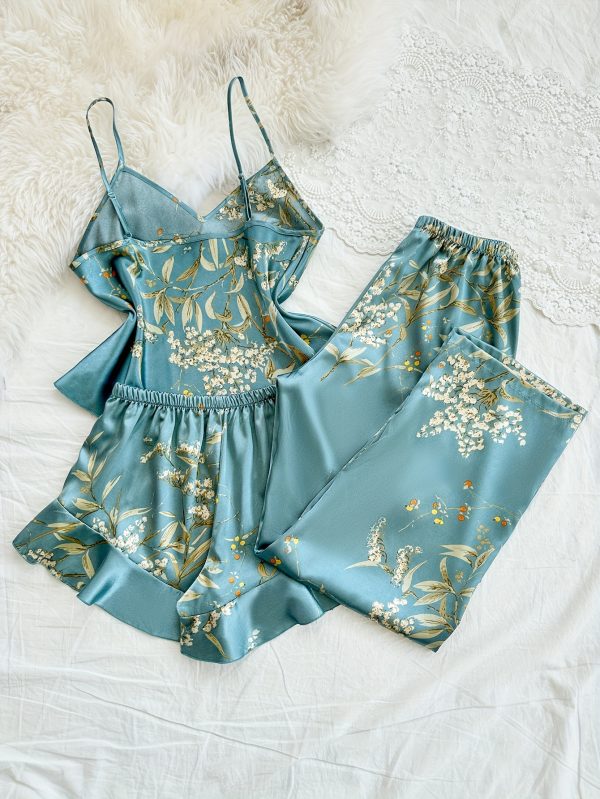 Women's V-Neck Printed Comfortable Camisole Shorts and Pants Pajama Set 3pcs - Image 4
