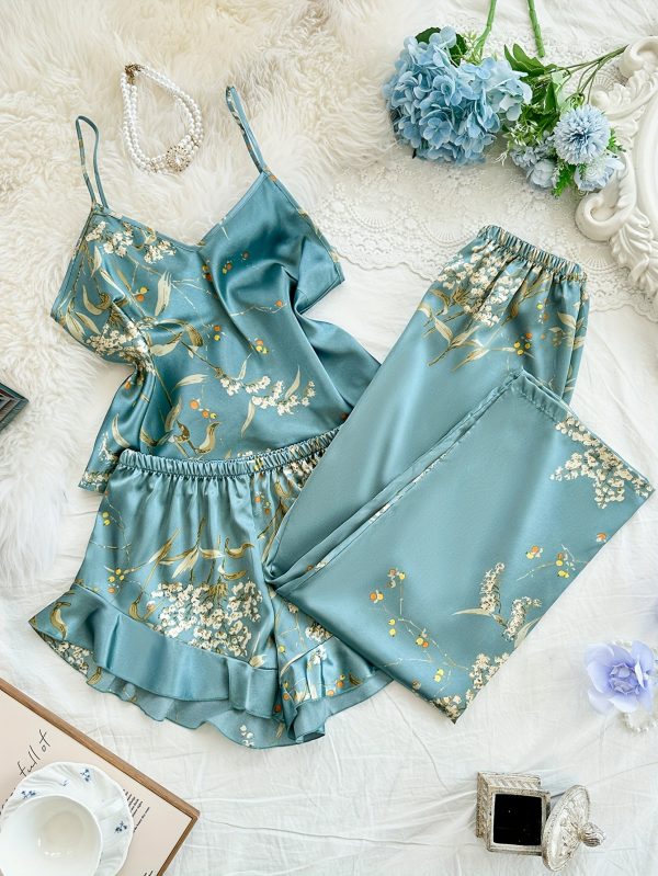 Women's V-Neck Printed Comfortable Camisole Shorts and Pants Pajama Set 3pcs