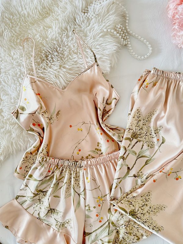 Women's V-Neck Printed Comfortable Camisole Shorts and Pants Pajama Set 3pcs - Image 7