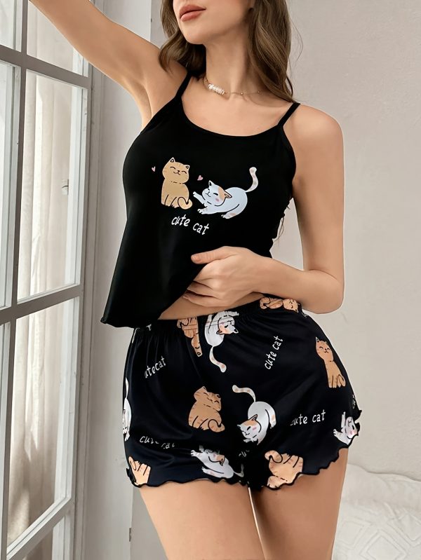 Women'S Casual Cute Cat Print Spaghetti Strap and Shorts Pajama Set, Polyester 95.0% Elastane 5.0%, All-Season Sleepwear, Relaxed Fit, Adult Loungewear, Relaxed Fit Pajamas | Playful Print Top | Polyester Blend - Image 4