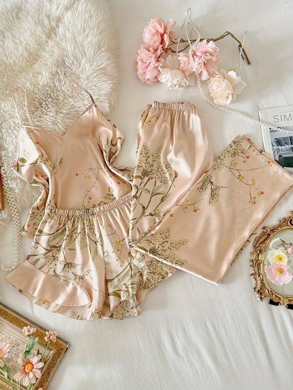 Women's V-Neck Printed Comfortable Camisole Shorts and Pants Pajama Set 3pcs - Image 2