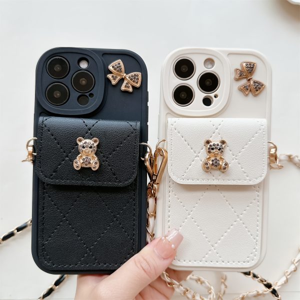 3D Cartoon Bear with Bowknot Mobile Phone Case, with Lanyard, Suitable for iPhone 16/15Promax/15/16plus/14 with Lanyard, Can be Carried Diagonally, 12/13promax Full Cover Soft Case 11 Protective Case Coin Wallet - Image 2