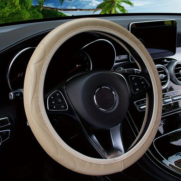 1pc Non-Slip Grip PU Leather Steering Wheel Cover for 36.83-38.1 cm Wheels - Textured Surface with Enhanced Control, Black with Red Stitching, Fit, Durable & Comfortable Design - Image 9