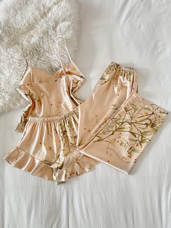 Women's V-Neck Printed Comfortable Camisole Shorts and Pants Pajama Set 3pcs - Image 3