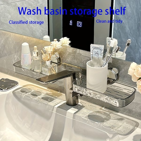 No-Drill Suction Cup Wall-Mounted Bathroom Shelf Organizer - Multi-Compartment Chrome Plastic Sink Countertop Storage for Toiletries, Toothbrushes & Bottles, Space-Saving Modern Design for Bathroom Vanity & Makeup Station, Bathroom Organizer, Shelves - Image 3