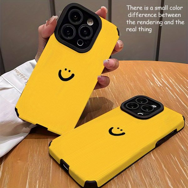 Simple joyful face design on a yellow background. Suitable for iPhone 16, 16 Plus, 16 Pro, 16 Pro Max, 15, 15 Plus, 15 Pro, 15 Pro Max, 14, 14 Plus, 14 Pro, 14 Pro Max, 13, 13 Pro, 13 Pro Max, 12, 12 Pro, 12 Pro Max, 11, 11 Pro, 11 Pro Max, 7, 8, X, XS synthetic Faux Leather phone case—stain-resistant, stylish, and trendy - Image 3