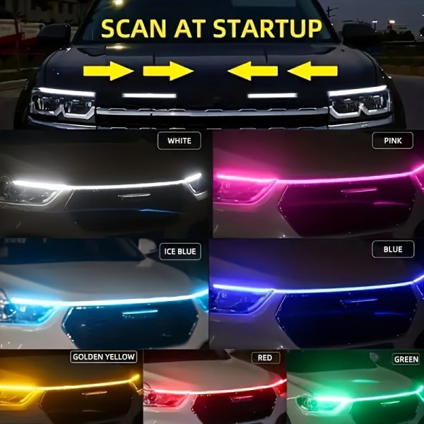 LED Car Hood Vent Light, 60-Inch Neon Accent Strip, Multicolor Startup Scanner Light Bar, 12V High Brightness Neon Lights, with Hard Wiring, for Various Models, Without Battery - Image 2