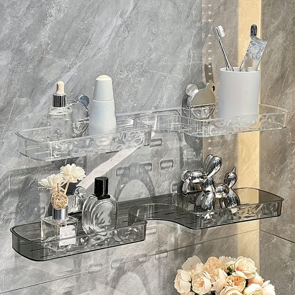 No-Drill Suction Cup Wall-Mounted Bathroom Shelf Organizer - Multi-Compartment Chrome Plastic Sink Countertop Storage for Toiletries, Toothbrushes & Bottles, Space-Saving Modern Design for Bathroom Vanity & Makeup Station, Bathroom Organizer, Shelves - Image 2