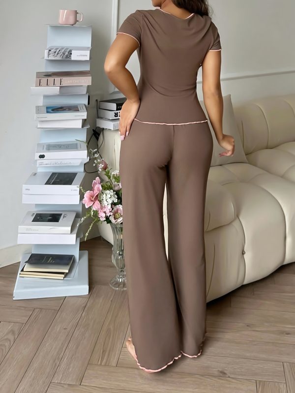 Women'S All-Season Solid Color Pajama Set - Comfortable, Stylish Two-Piece with Short Sleeves and Long Pants, Perfect for Home Wear, Casual Attire, and Spring/Summer/Fall, Casual Attire|Stylish Pajamas|Polyester Fabric - Image 2