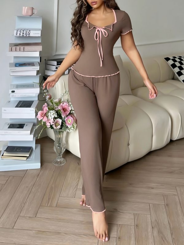 Women'S All-Season Solid Color Pajama Set - Comfortable, Stylish Two-Piece with Short Sleeves and Long Pants, Perfect for Home Wear, Casual Attire, and Spring/Summer/Fall, Casual Attire|Stylish Pajamas|Polyester Fabric - Image 6