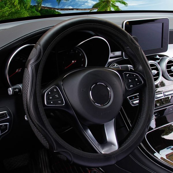 1pc Non-Slip Grip PU Leather Steering Wheel Cover for 36.83-38.1 cm Wheels - Textured Surface with Enhanced Control, Black with Red Stitching, Fit, Durable & Comfortable Design - Image 6