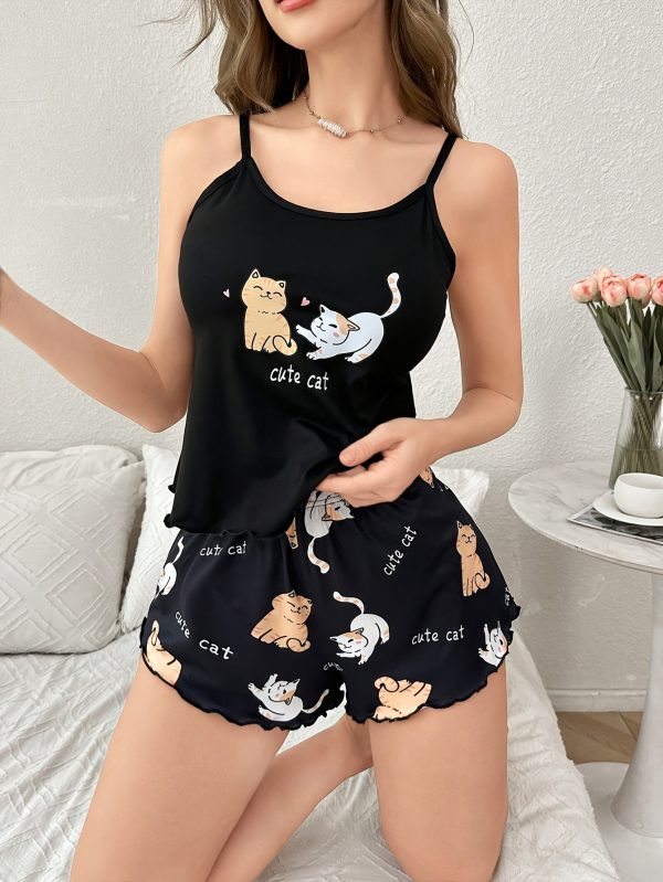 Women'S Casual Cute Cat Print Spaghetti Strap and Shorts Pajama Set, Polyester 95.0% Elastane 5.0%, All-Season Sleepwear, Relaxed Fit, Adult Loungewear, Relaxed Fit Pajamas | Playful Print Top | Polyester Blend - Image 2