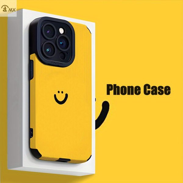 Simple joyful face design on a yellow background. Suitable for iPhone 16, 16 Plus, 16 Pro, 16 Pro Max, 15, 15 Plus, 15 Pro, 15 Pro Max, 14, 14 Plus, 14 Pro, 14 Pro Max, 13, 13 Pro, 13 Pro Max, 12, 12 Pro, 12 Pro Max, 11, 11 Pro, 11 Pro Max, 7, 8, X, XS synthetic Faux Leather phone case—stain-resistant, stylish, and trendy - Image 5