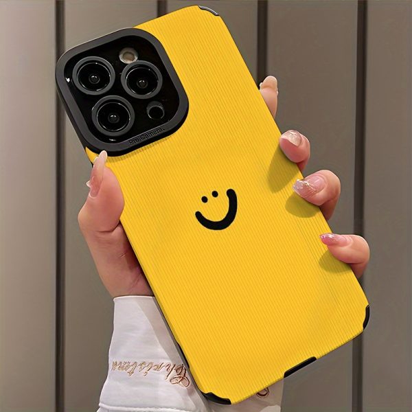 Simple joyful face design on a yellow background. Suitable for iPhone 16, 16 Plus, 16 Pro, 16 Pro Max, 15, 15 Plus, 15 Pro, 15 Pro Max, 14, 14 Plus, 14 Pro, 14 Pro Max, 13, 13 Pro, 13 Pro Max, 12, 12 Pro, 12 Pro Max, 11, 11 Pro, 11 Pro Max, 7, 8, X, XS synthetic Faux Leather phone case—stain-resistant, stylish, and trendy - Image 4