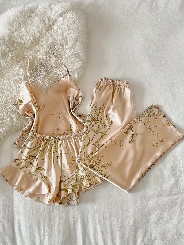 Women's V-Neck Printed Comfortable Camisole Shorts and Pants Pajama Set 3pcs - Image 9