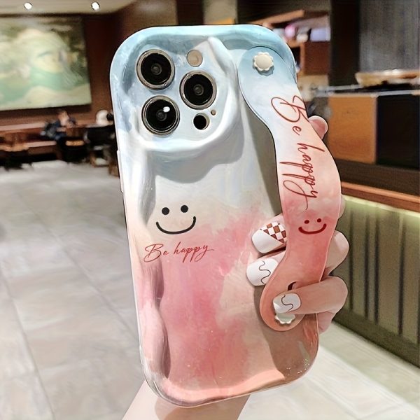 Blue Pink joyful Face White Cream Shell, Wrist Strap Holder Phone Case Simple Design, Shockproof Protection Perfect Choice for Spring and Summer Suitable for 16/16 Plus/16 Pro/16 Pro Max/15/15 Plus/15 Pro/15 Pro Max/14/14 Plus/14 Pro/14 Pro Max, 13/13 Pro/13 Pro Max, 12/12 Pro/12 Pro Max, 11/11 Pro Max - Image 5