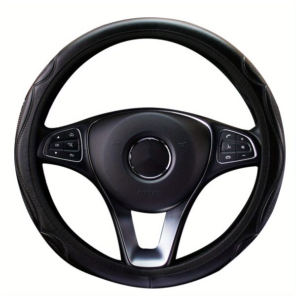 1pc Non-Slip Grip PU Leather Steering Wheel Cover for 36.83-38.1 cm Wheels - Textured Surface with Enhanced Control, Black with Red Stitching, Fit, Durable & Comfortable Design - Image 5