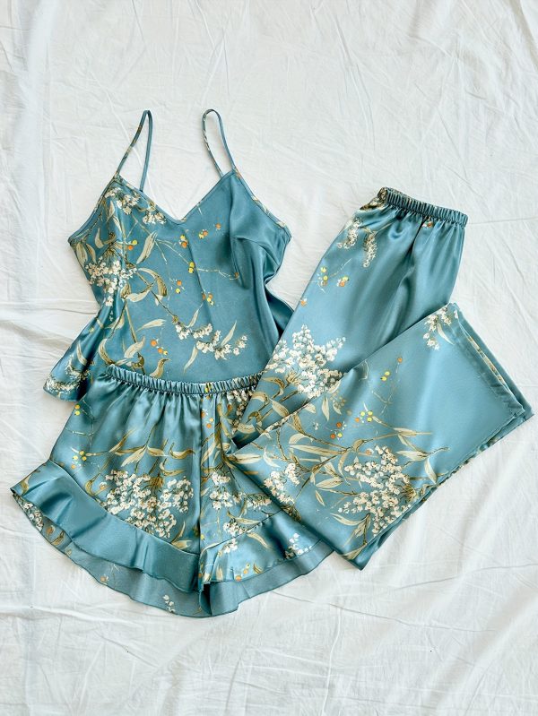 Women's V-Neck Printed Comfortable Camisole Shorts and Pants Pajama Set 3pcs - Image 10