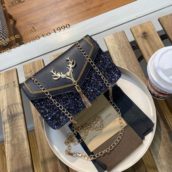 Women'S Red Shoulder Bag with Golden Deer Emblem, Adjustable Chain Strap, and Buckle Closure - Elegant Animal Print Design for Casual or Formal Occasions, Evening Handbag | Stylish Chain Strap | Ba - Image 8