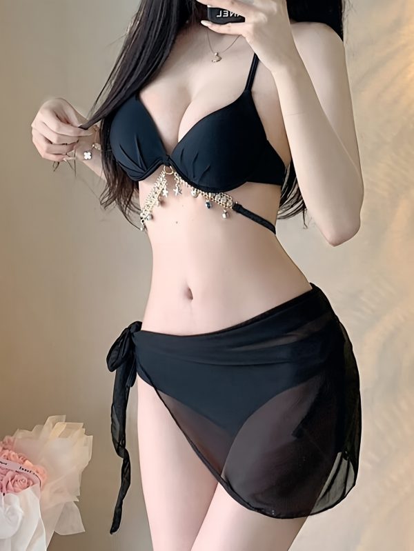 Hot-selling Sexy Small Chest Gathering Thickened Steel Braided Diamond Chain Bikini Vacation Hot Spring Three-piece Swimsuit - Image 9