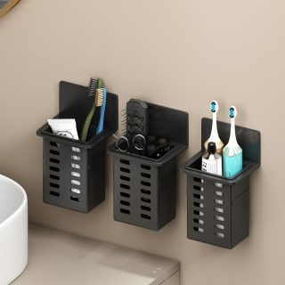 Black Toothpaste Holder and Toothbrush Holder Wall-mounted Storage Box for Bathroom Toiletries, Mobile Phone, Air Conditioner Remote Control Storage Box, Hanging Bracket, No Trace Installation