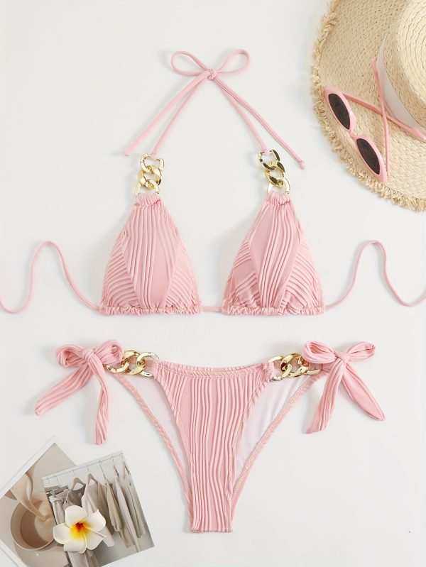Stripes Ruched Texture Golden Chain Ring Link Halter 2 Piece Set Bikini, Bow Tie Side Triangle Halter Tie Neck Stretchy Swimsuit For Beach Pool Bathing, Women's Swimwear & Clothing - Image 6