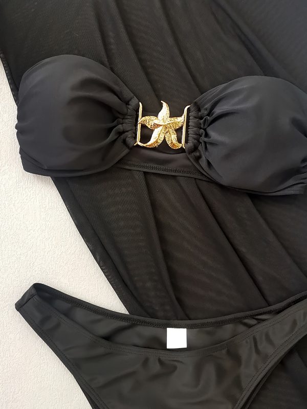 3pcs Women's Bikini Set, High Stretch, Solid Color, Semi Sheer Swimwear Bra & Panty & Split Mesh Skirt with Starfish Detail - Image 5