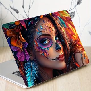 2pcs Vibrant Day of the Dead Laptop Art Decals - Waterproof & Scratch-Resistant Vinyl Stickers, Colorful Floral and Skull Design for Laptops, Cars, Helmets, Motorcycles, Fridges, Laptop Accessories