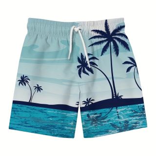 Men's Casual Palm Tree Beach Shorts - Quick-Dry, Drawstring Swim Trunks with Pockets, Perfect for Summer Vacation, Bathing Suits