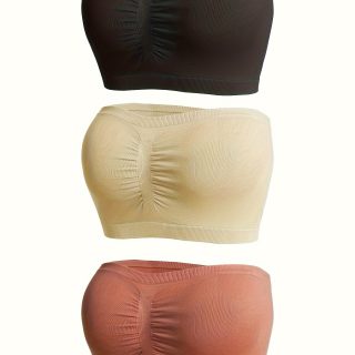 3-Pack Elegant Black Bandeau Bra Tops, Anti-Slip Gathered Chest Wrap, Seamless Strapless Breathable Lingerie Set