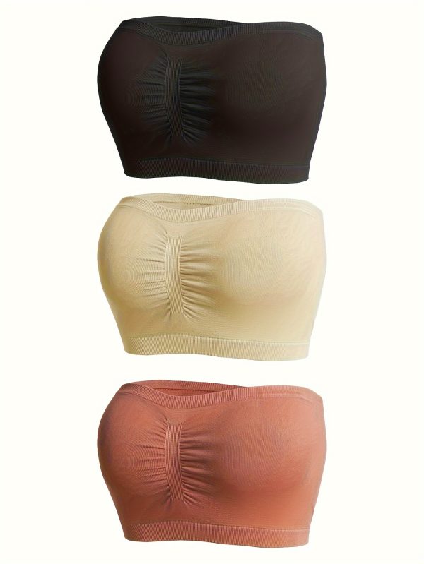 3-Pack Elegant Black Bandeau Bra Tops, Anti-Slip Gathered Chest Wrap, Seamless Strapless Breathable Lingerie Set