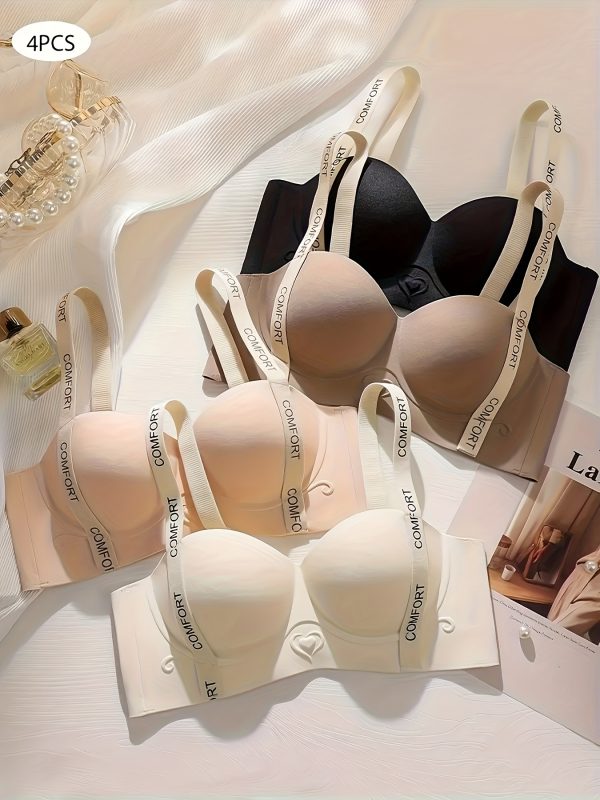 4pcs Women's Elegant Push-Up Bras - Wireless, Comfort Fit with Ruffle Detail, Non-Removable Pads, Nylon/Spandex Blend, Beige & Black, Perfect for Casual Attire